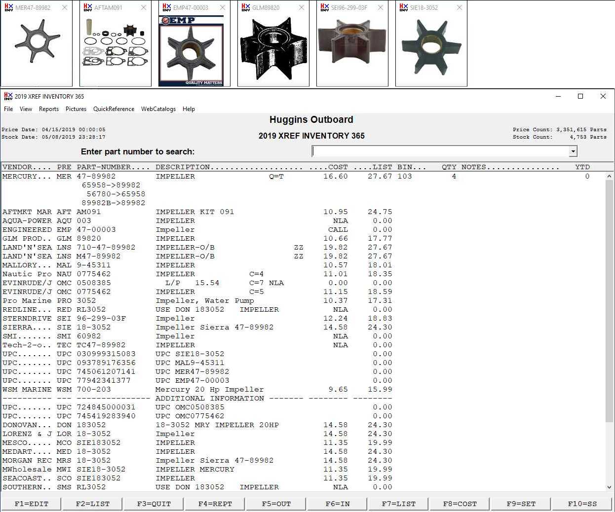 Screen shot showing part number lookup and cross reference